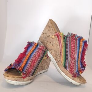 Minnetonka Multicolor Fringed Cork Wedge Sandals